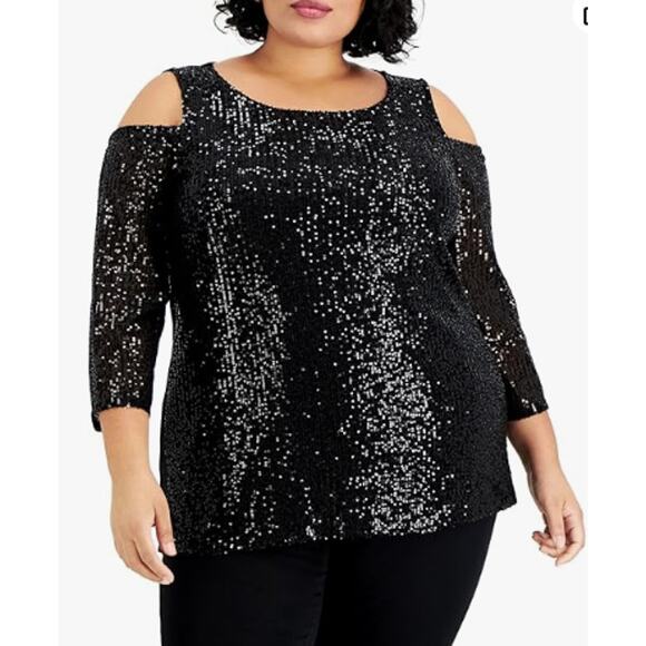 JM Collection Tops - JM Collection Sequin Cold Shoulder Womens Top 3XL 0666